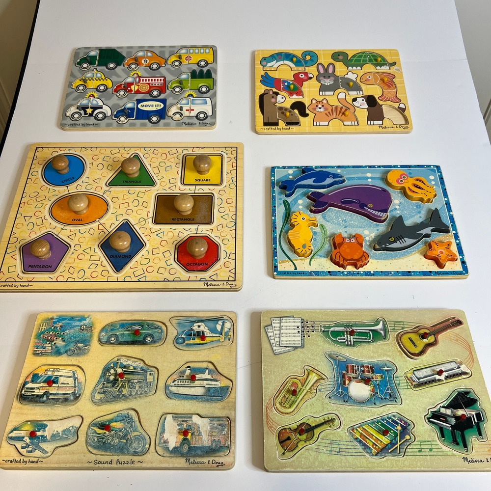 Melissa & Doug Wooden Peg Sound Puzzle Lot of 6 Shapes Music Animals Vehicles